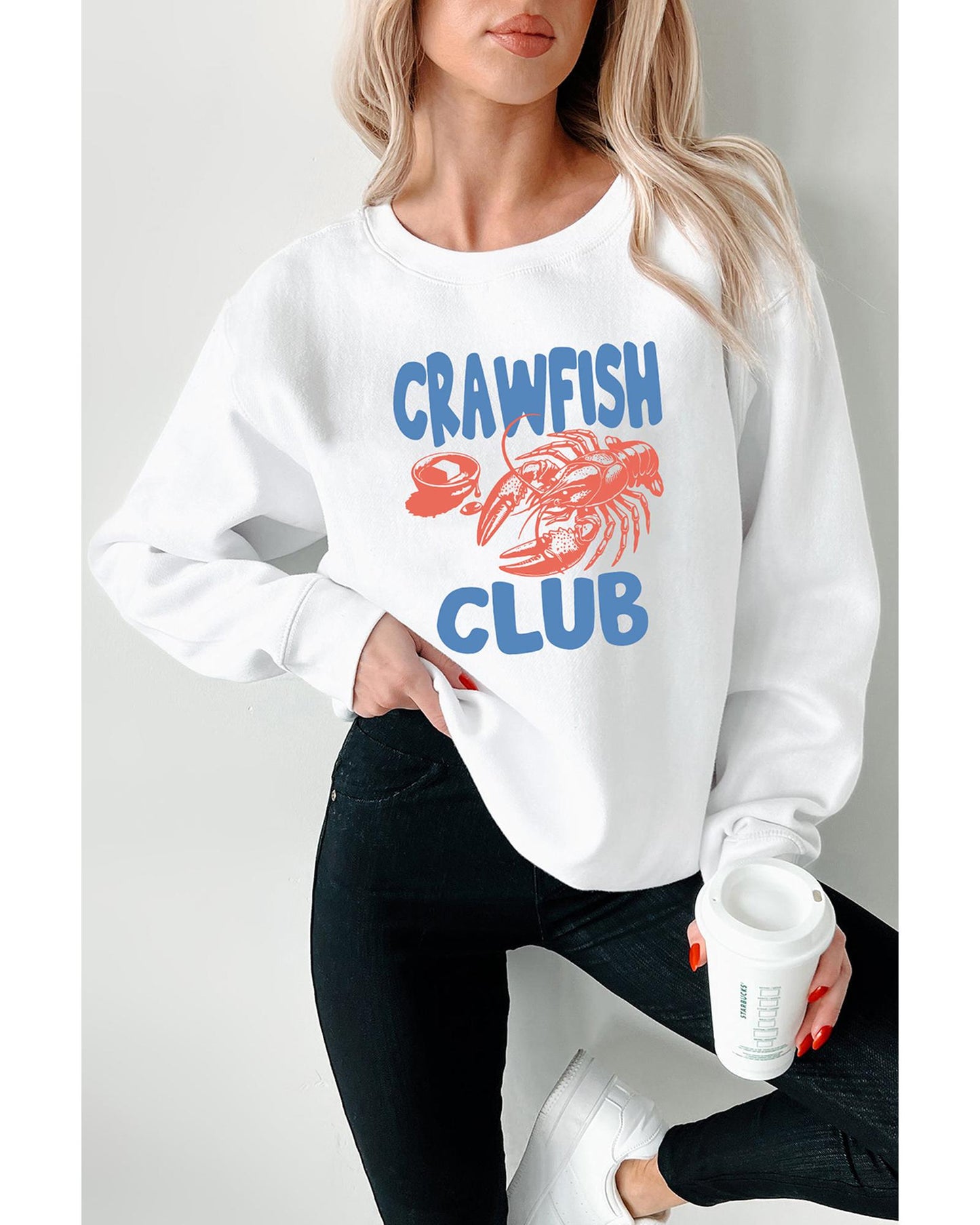 White CRAWFISH CLUB Printed Drop Shoulder Sweatshirt - M