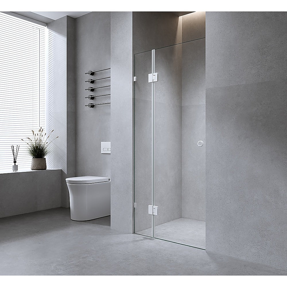 110cm Wall to Wall Frameless Shower Screen with White Brackets and SS Hinges, Round Handle