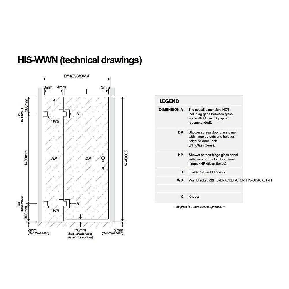 110cm Wall to Wall Frameless Shower Screen with White Brackets and SS Hinges, Round Handle
