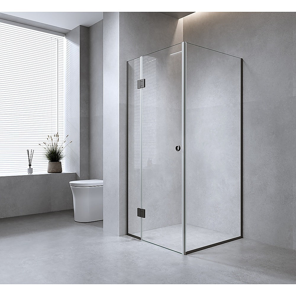 100x80cm Corner Frameless Shower Screen with Gunmetal Channel and Brass Hinges, Round Handle