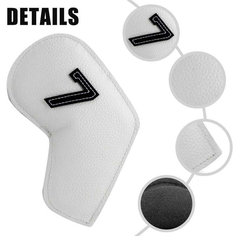 White Golf Iron Head Covers Set of 10 - Waterproof PU Leather Club Protectors with Embroidered Numbers (3-9, P, A, S)