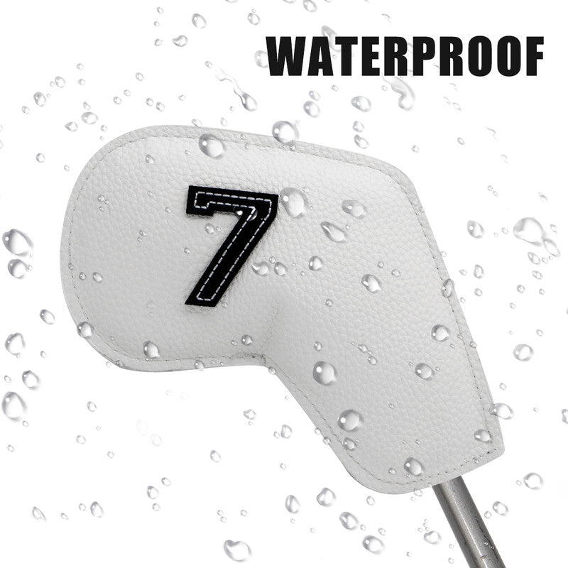 White Golf Iron Head Covers Set of 10 - Waterproof PU Leather Club Protectors with Embroidered Numbers (3-9, P, A, S)