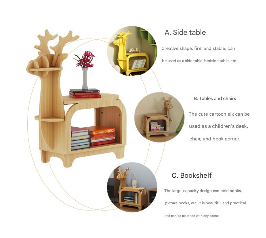 White Small Creative Reindeer-Shaped Solid Wood Bookshelf for Kids