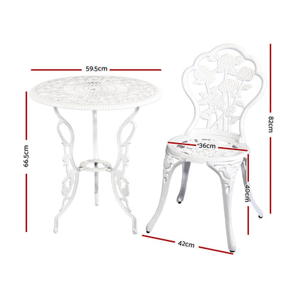 Gardeon 3PC Outdoor Setting Bistro Set Chairs Table Cast Aluminum Patio Furniture Rose White