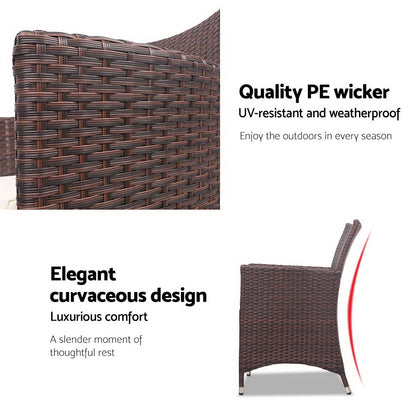 Gardeon 3PC Outdoor Bistro Set Patio Furniture Wicker Setting Chairs Table Cushion Brown
