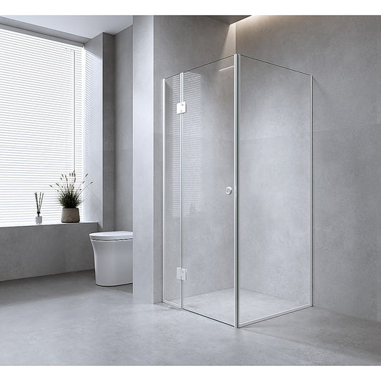 110x80cm Corner Frameless Shower Screen with White Channel and SS Hinges, Round Handle