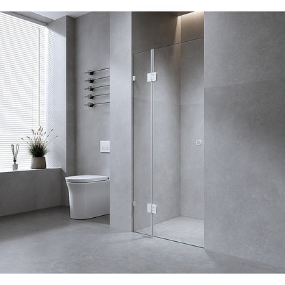 110cm Wall to Wall Frameless Shower Screen with White Brackets and SS Hinges, Round Handle
