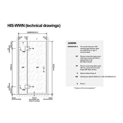 110cm Wall to Wall Frameless Shower Screen with White Brackets and SS Hinges, Round Handle