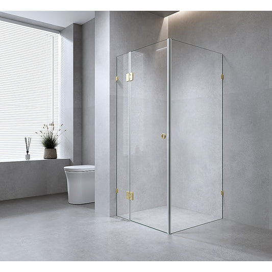 120x110cm Corner Frameless Shower Screen with White Brackets and SS Hinges, Round Handle