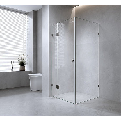 110x70cm Corner Frameless Shower Screen with White Brackets and Brass Hinges, Round Handle