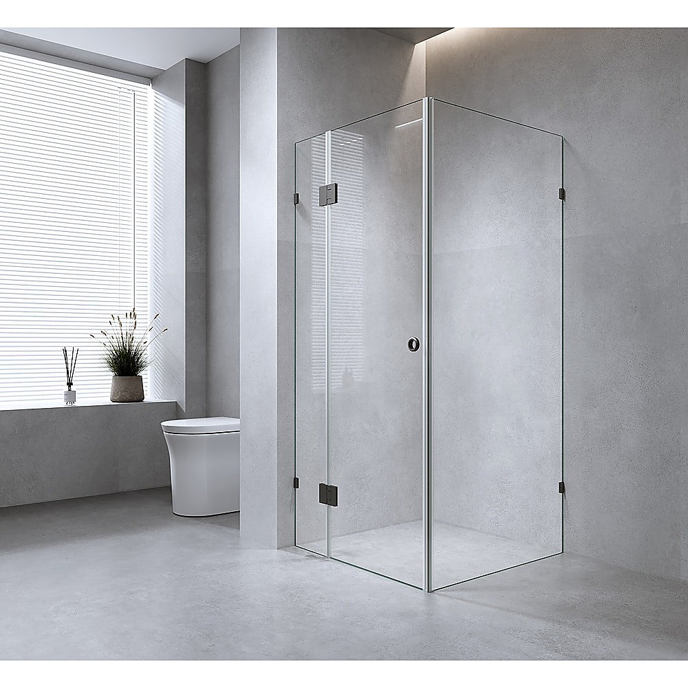 120x110cm Corner Frameless Shower Screen with Black Brackets and Brass Hinges, Round Handle