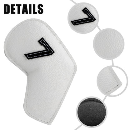 White Golf Iron Head Covers Set of 10 - Waterproof PU Leather Club Protectors with Embroidered Numbers (3-9, P, A, S)