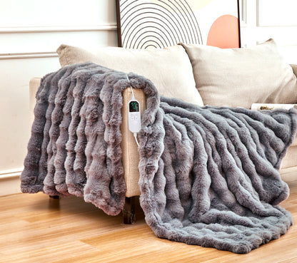 127*152CM Grey Luxurious Faux Rabbit Fur Electric Heated Throw Blanket - Cozy Warmer with 9 Heat Settings & Timer (AU Plug)