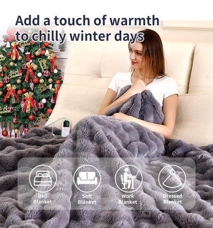 130*180CM Grey Luxurious Faux Rabbit Fur Electric Heated Throw Blanket - Cozy Warmer with 9 Heat Settings & Timer (AU Plug)