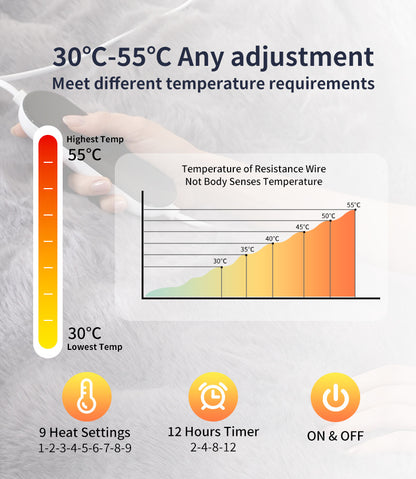 130*180CM Grey Luxurious Faux Rabbit Fur Electric Heated Throw Blanket - Cozy Warmer with 9 Heat Settings & Timer (AU Plug)